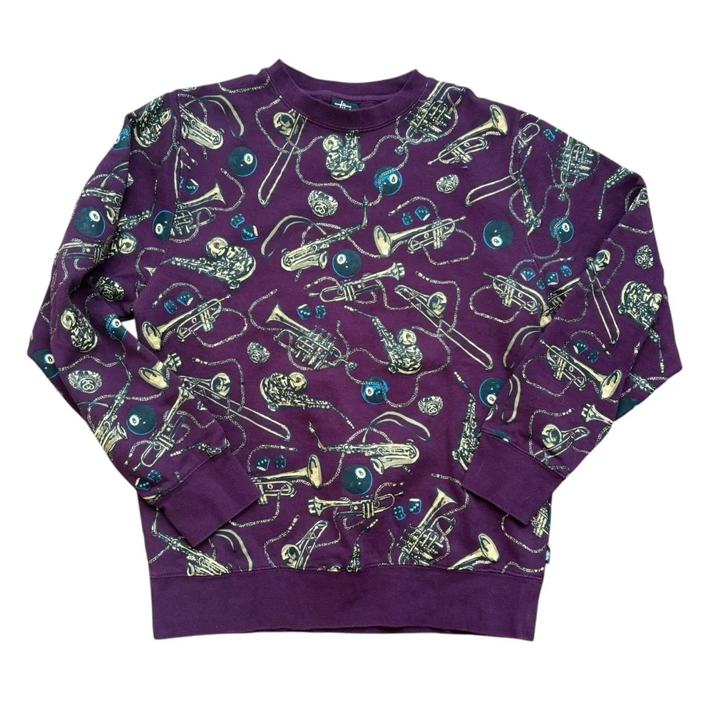 Stussy Men's Sweatshirt Crew Neck Purple Graphic Sweatshirt Eggplant Brass Sz. M - Picture 1 of 7